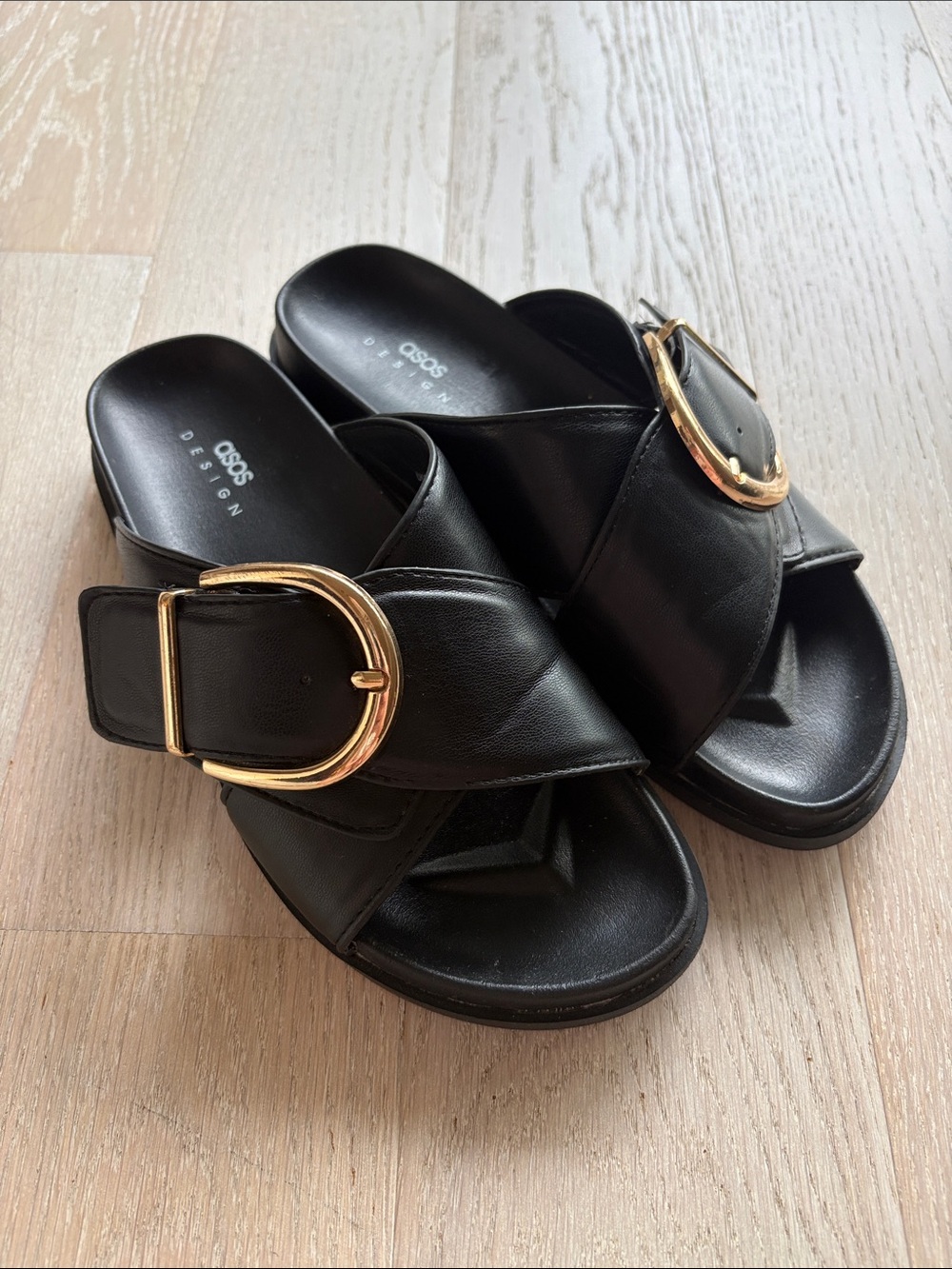 ASOS Black Crisscross Slides with Gold Buckles
